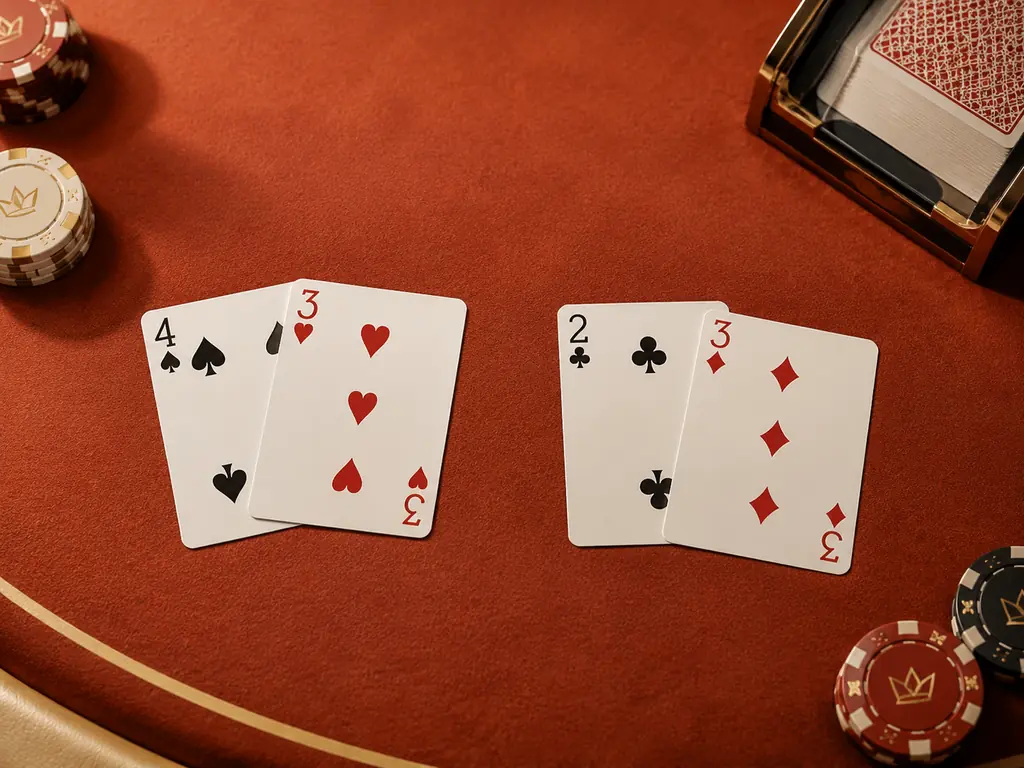 Dua kelompok kartu pada meja baccarat untuk contoh perbandingan nilai.