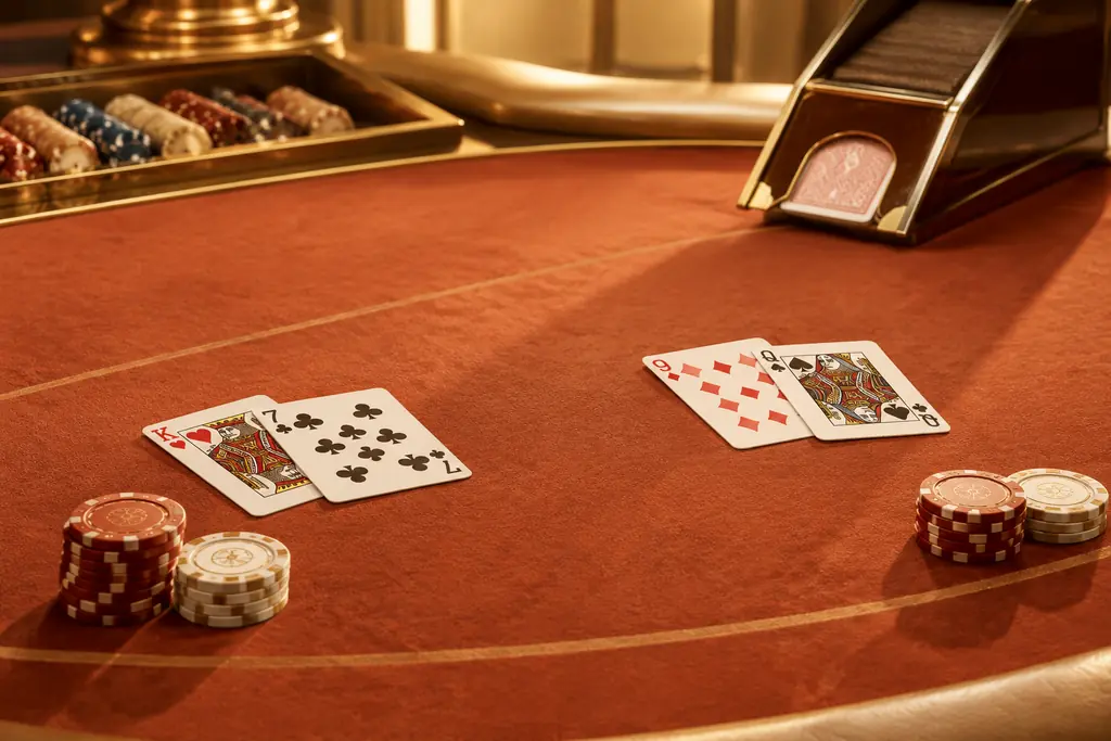 Meja baccarat dengan dua kelompok kartu dan sepatu kartu.