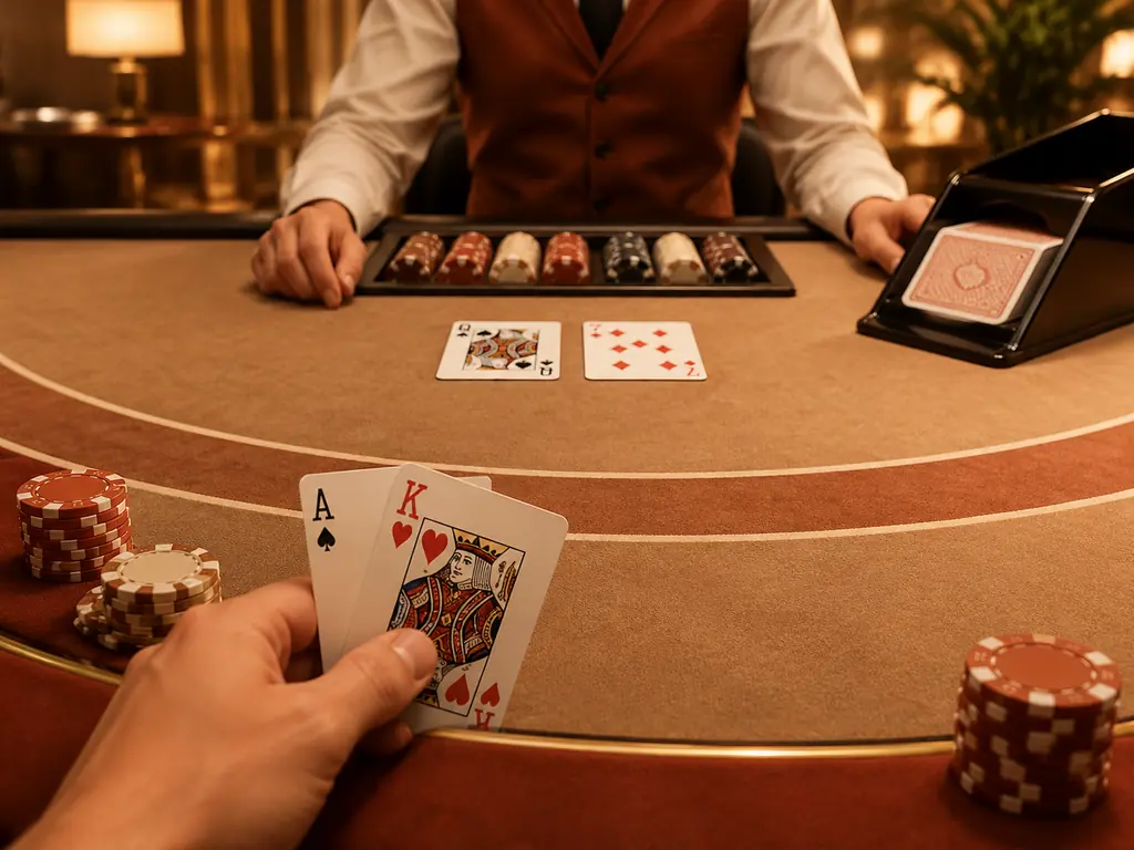Kartu dan cip pada meja blackjack dengan latar meja kasino.