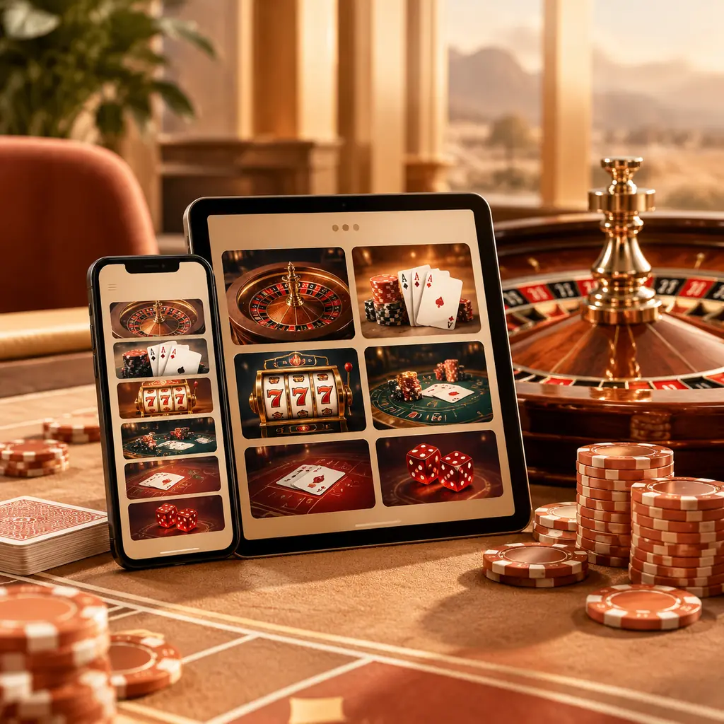 Ponsel dan tablet di samping perlengkapan roulette kasino.