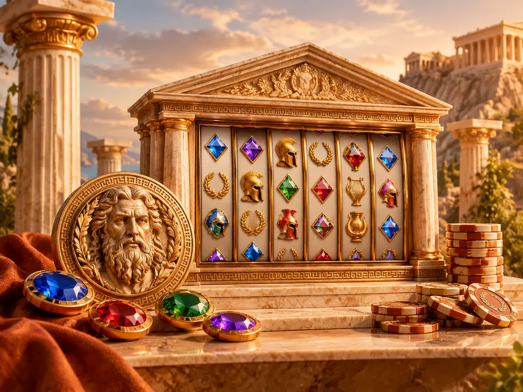 Konsep slot bertema kuil Yunani dengan permata dan medali Zeus.