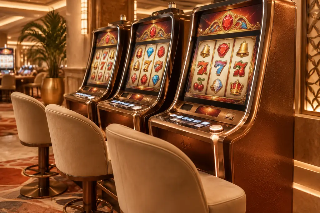 Deretan mesin slot kasino dengan simbol permata.
