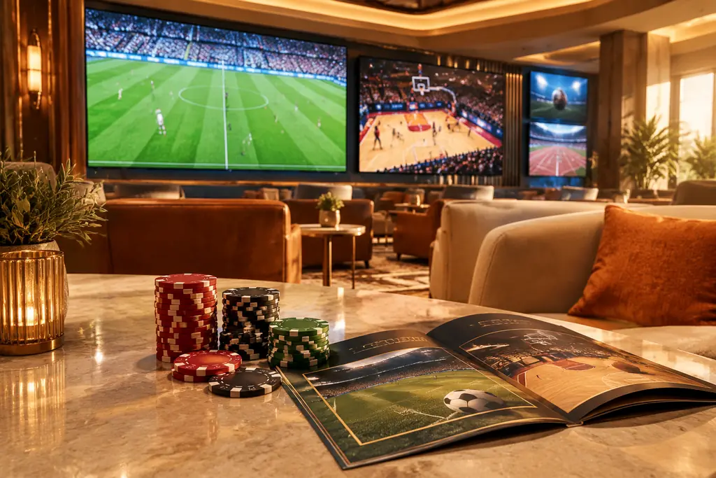 Layar sepak bola dan bola basket di ruang sportsbook kasino.